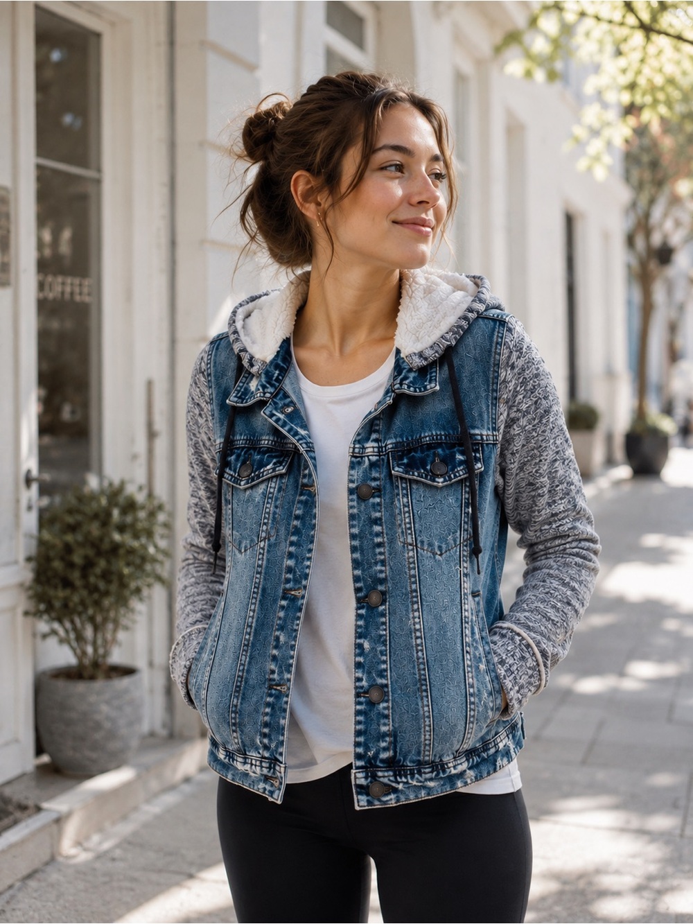 Free People Mixed Media Space Dye Knit Hooded Denim Jean Jacket Blue Size XS